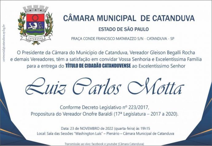 Deputado Motta recebe título de Cidadão Catanduvense